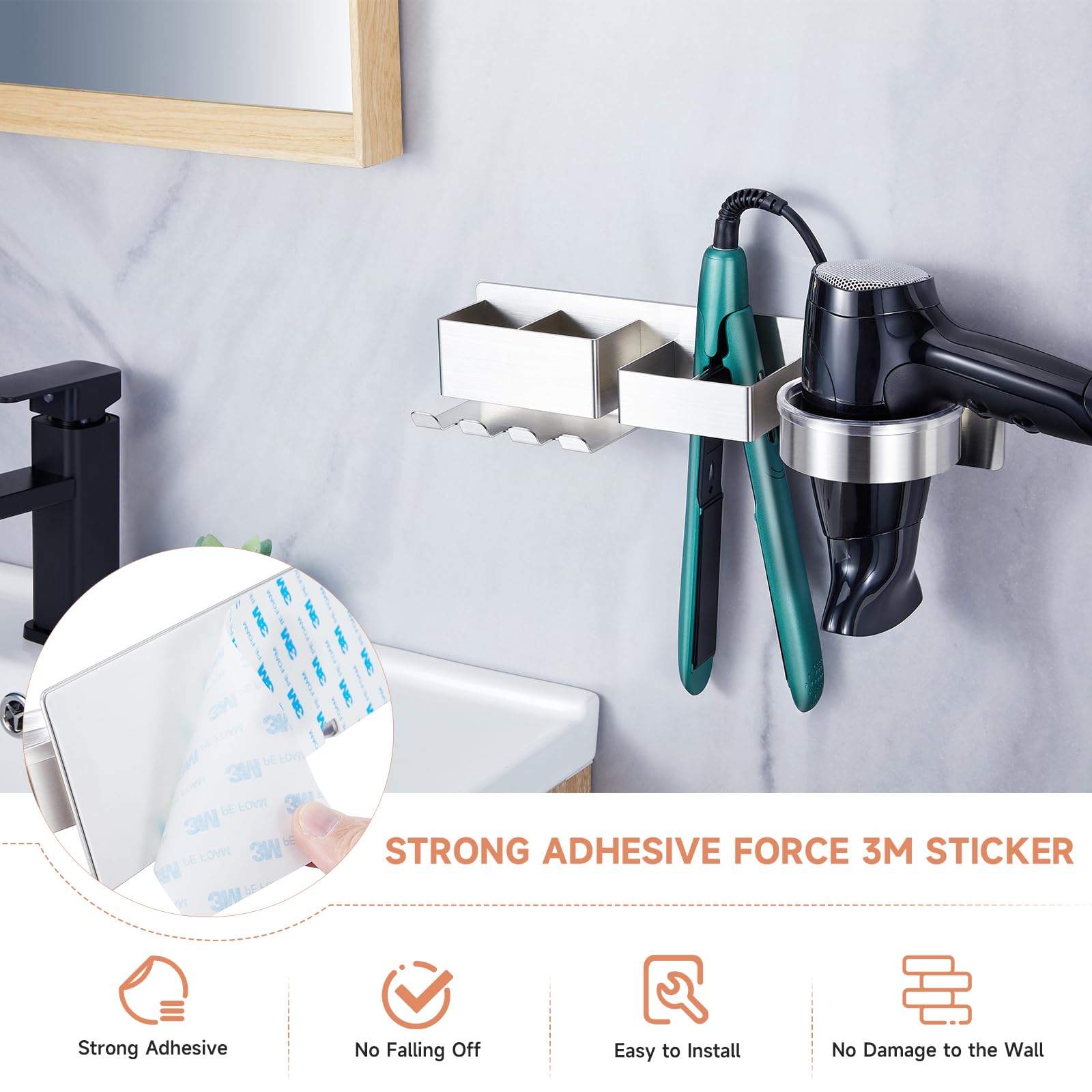 Hair Dryer Holder Wall Mounted, Blow Dryer Holder, Stainless Steel Hair Dryer and Straightener Holder, Hair Tool Organizer for Hair Dryer, Curling Iron Holder, Adhesive Hairdryer Holder for Bathroom