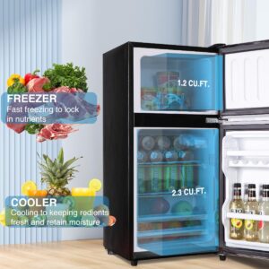 EUASOO FLS-80-BLACK 3.5Cu.Ft Compact, Small Refrigerator with Freezer, 7 Level Adjustable Thermostat, Retro Fridge with Dual Door for Garage, Dorm,Bedroom, Office, Apartment, Black