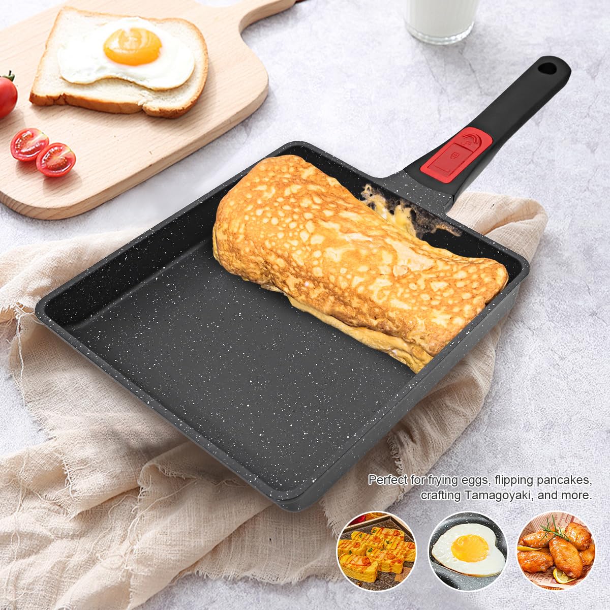 AIKENBBKK Japanese Omelette Pan Nonstick, Large Tamagoyaki Pan Egg Roll Pan with Detachable Handle, Oven& Dishwasher Safe, 9” x 8” (Black)