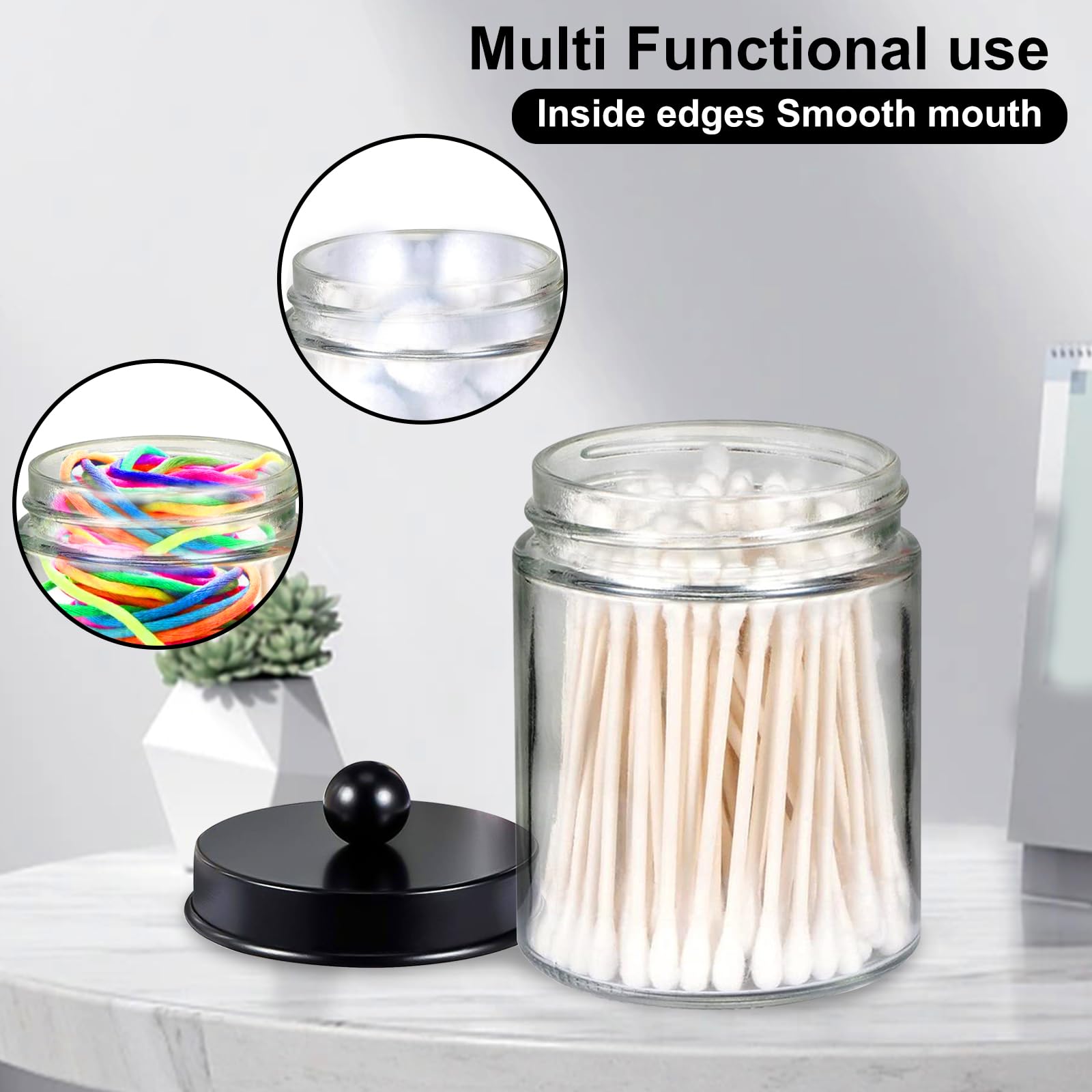 4Pcs Cotton Ball Holders with Lid, 9oz Clear Qtip Holder Dispenser Plastic Apothecary Jar Containers for Vanity Makeup Organizer Storage Bathroom Accessories Set for Cotton Swab, Ball, Pads (Black)