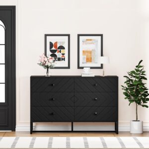 Vrullu Black Dresser for Bedroom with 6 Drawer, Wood Dressers & chests of Drawers with Black Knobs, Modern Storage Drawers for Entryway, Closet, Hallway (1, Dark Black)