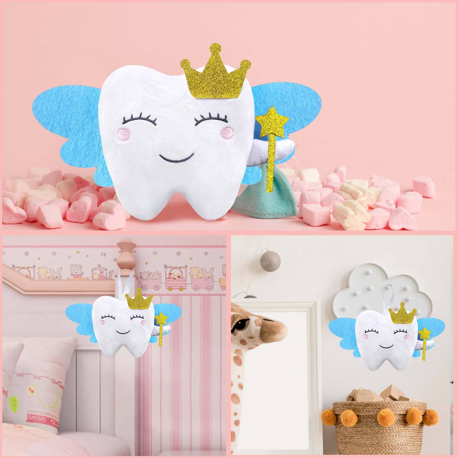 GALSOR Tooth Fairy Pillow with Wings Tooth Fairy Plush Doll with Pocket Tooth Souvenir for Kids Boy Girl, 6 x 10.8 inches