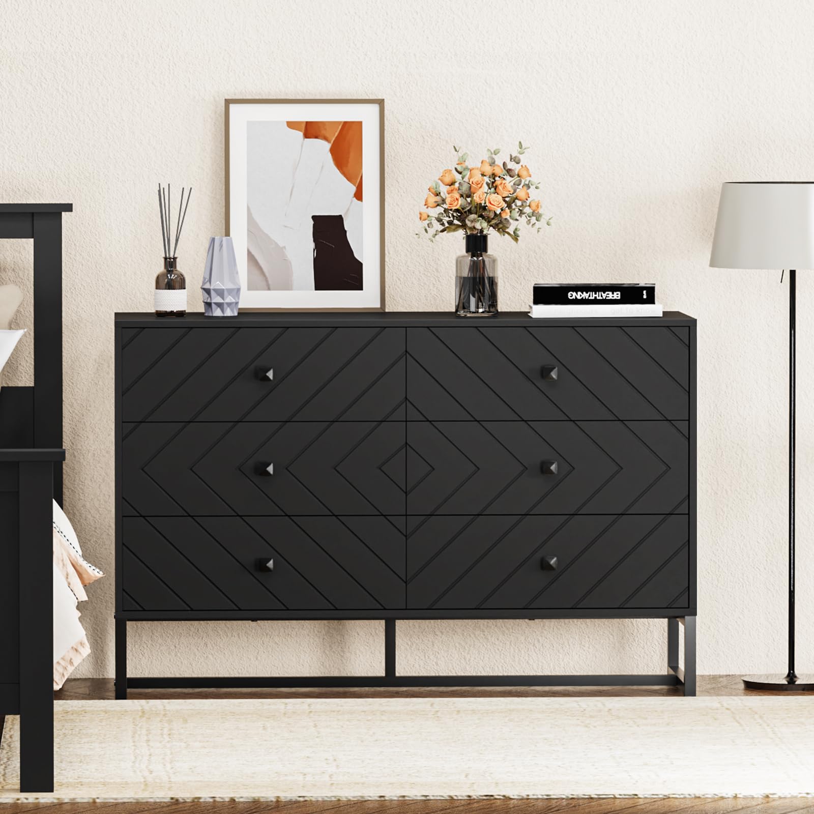 Vrullu Black Dresser for Bedroom with 6 Drawer, Wood Dressers & chests of Drawers with Black Knobs, Modern Storage Drawers for Entryway, Closet, Hallway (1, Dark Black)