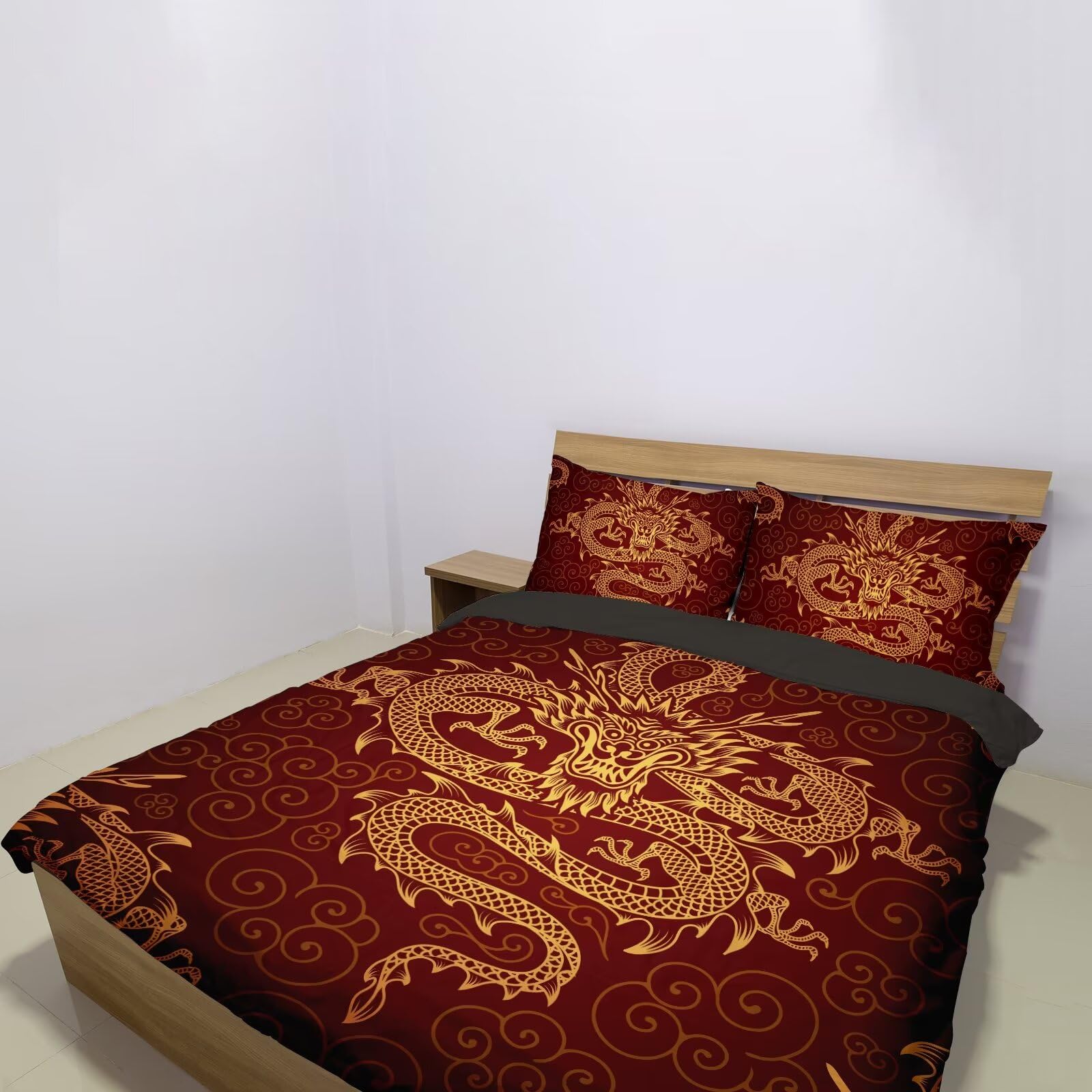 Gearider Dragon Bedding Chinese Style Duvet Cover Set Queen Size 3pc Luxury Bedding Soft Red Quilt Duvet Cover with Zipper Closure