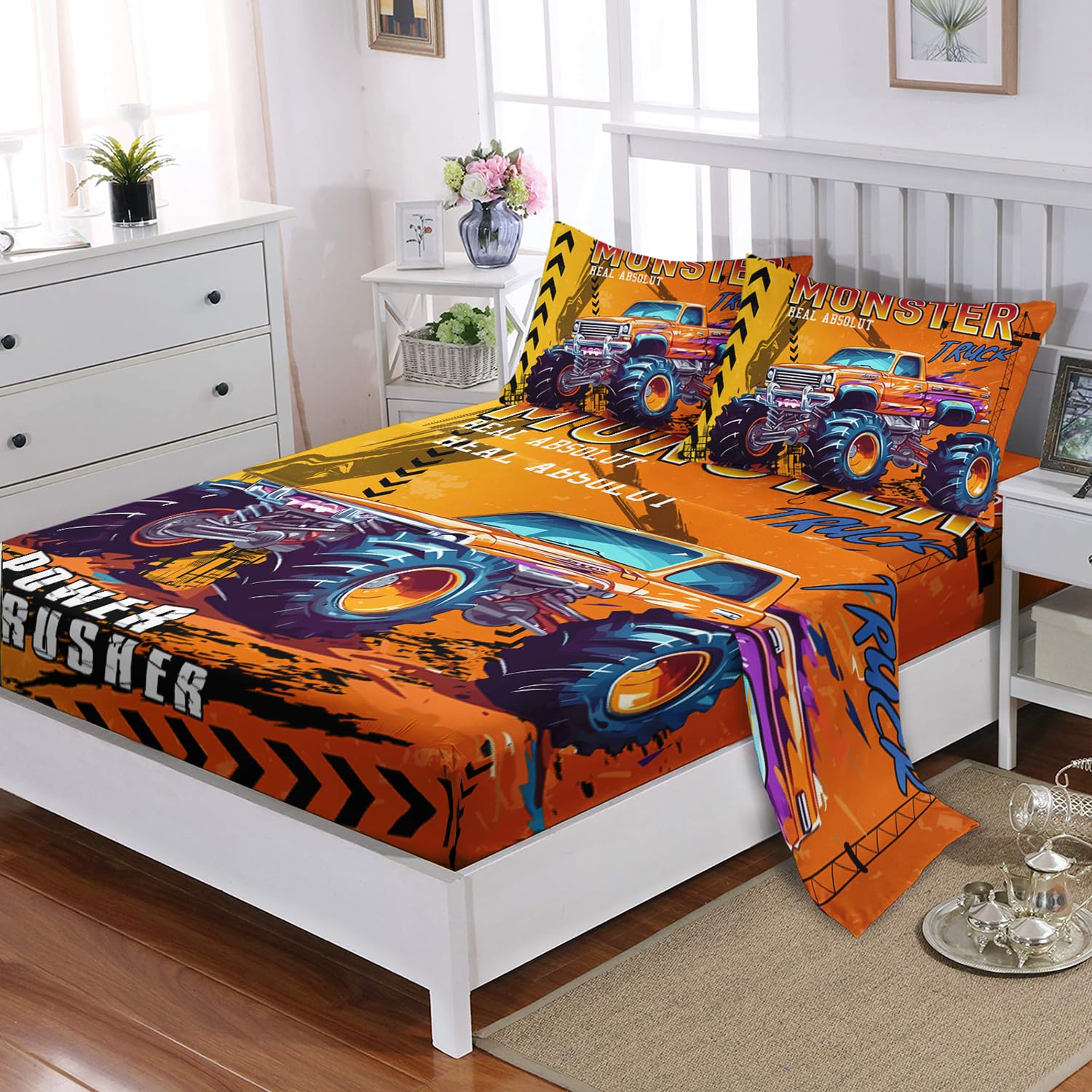 Monster Car 4 Pieces Bed Sheets Soft Washed Microfiber Orange Off Road Bedding Set Fitted Sheet Deep Pockets Top Flat Sheet Room Decor Orange Queen with 2 Pillowcases for Kids Boys and Girls