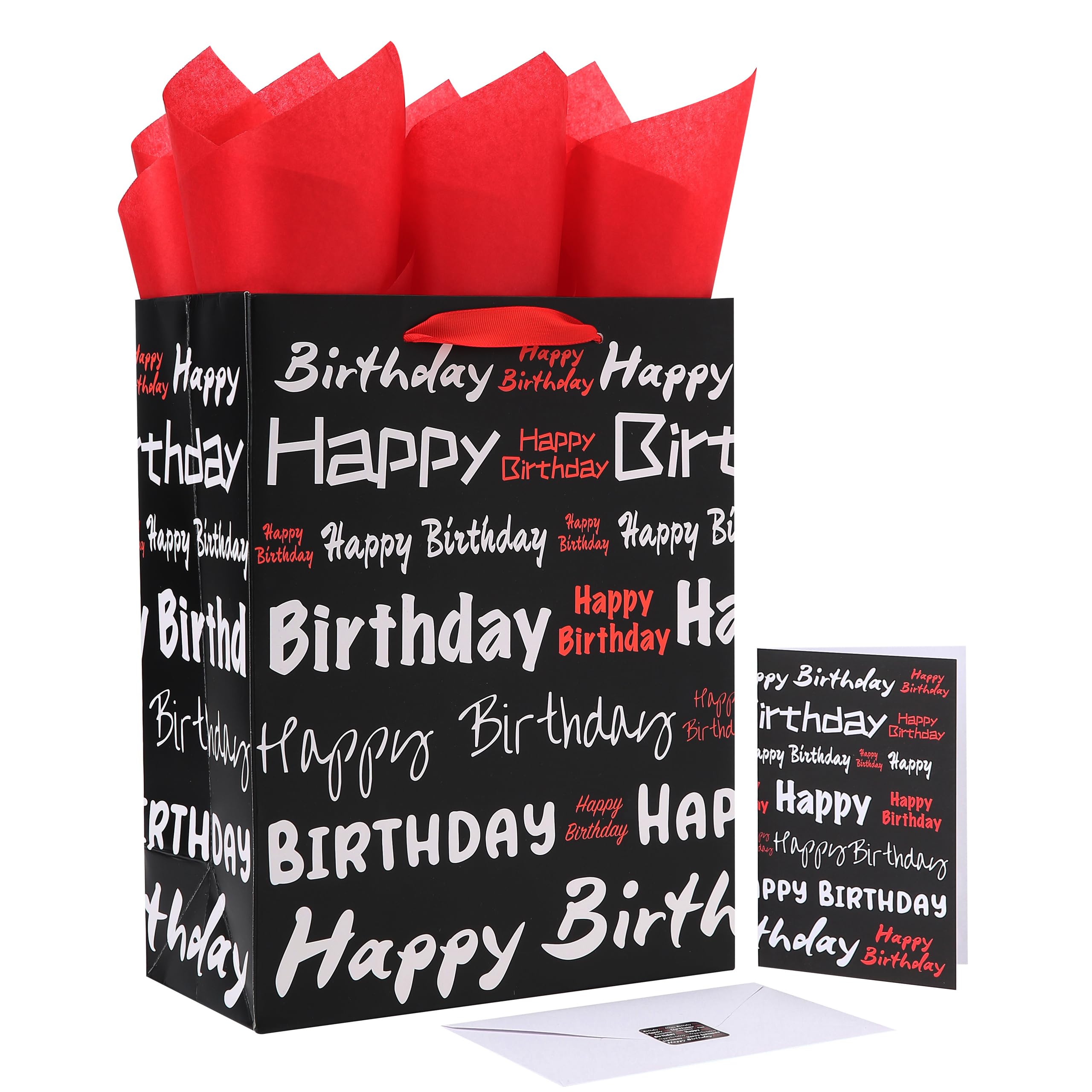 13" Large Black Gift Bags Set with Greeting Card and Tissue Papers (White & Red Happy Birthday) for Men's or Women's, Boys, Girls or Kids Party, Baby