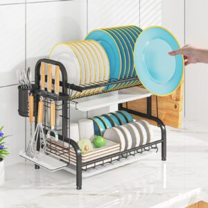 LEGUANG Dish Drying Rack, 2-Tier Stainless Steel Dish Racks for Kitchen Counter, Small Plate Rack Organizer, Space Saving, Black