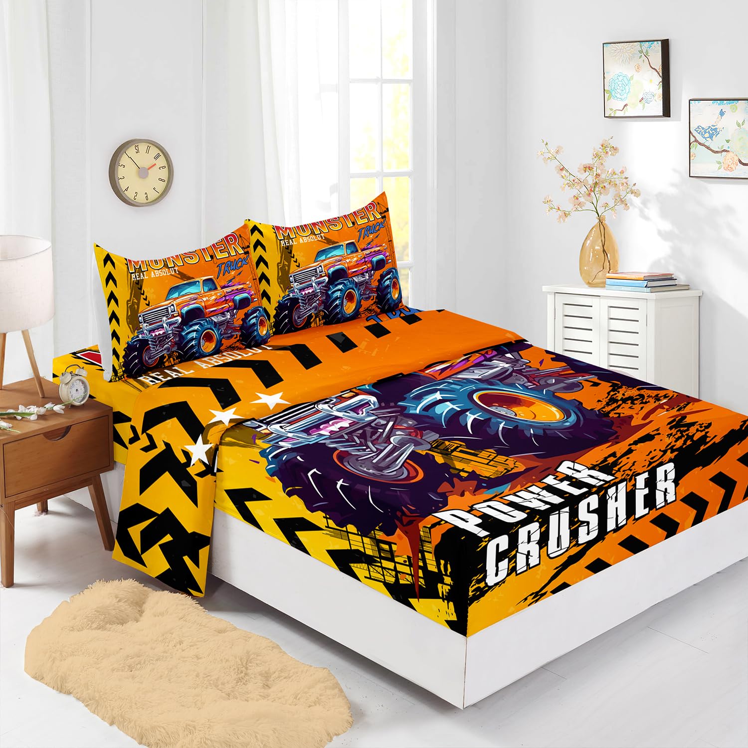 Monster Car 4 Pieces Bed Sheets Soft Washed Microfiber Orange Off Road Bedding Set Fitted Sheet Deep Pockets Top Flat Sheet Room Decor Orange Queen with 2 Pillowcases for Kids Boys and Girls