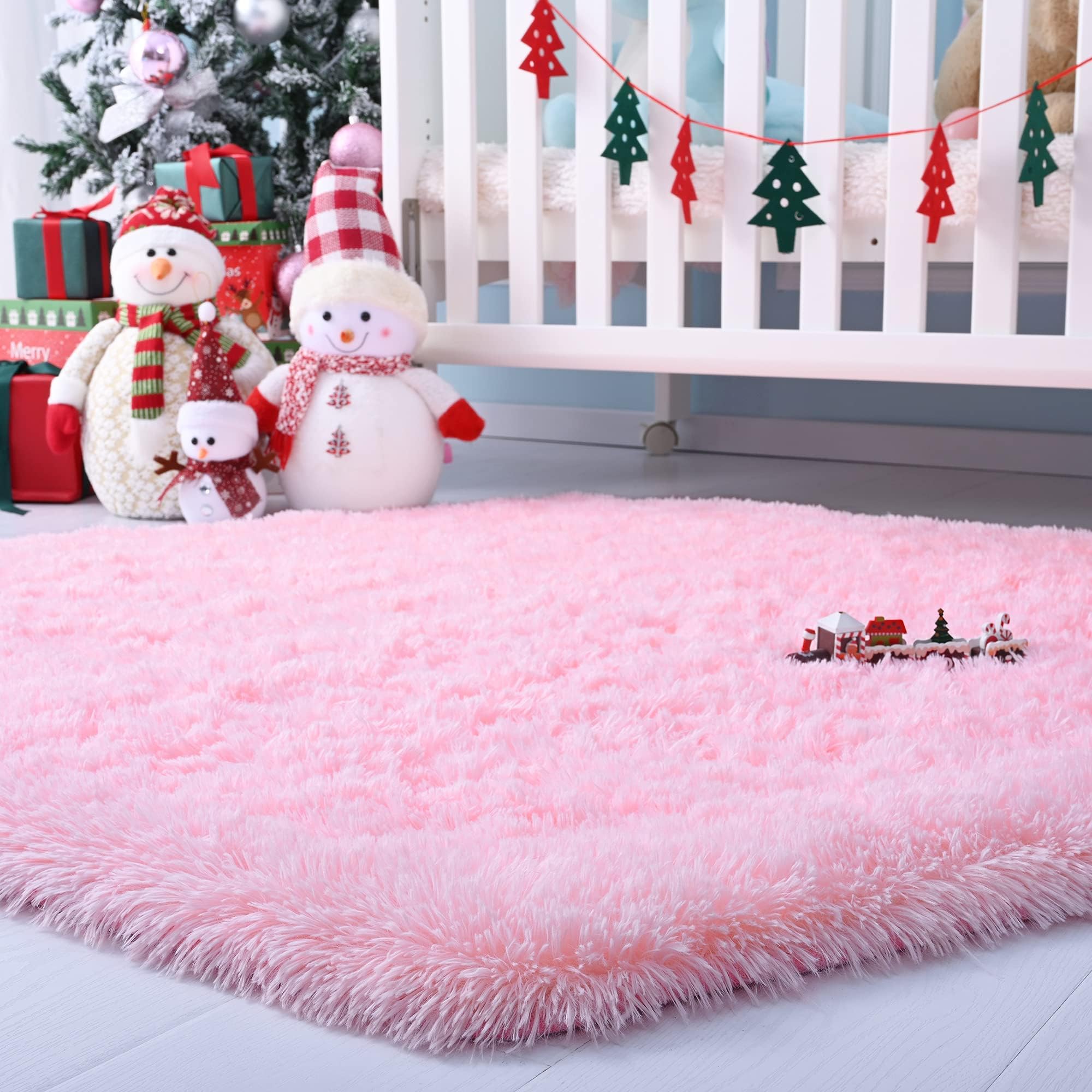 NKHOW Pink Hexagon Rug - Fluffy Rug for 55x53 Princess Castle Playhouse for Girls - Anti-Slip Coral Nap Mat for Girls Room Ultra Soft Play Tent Rug Baby Pink Carpet