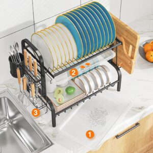 LEGUANG Dish Drying Rack, 2-Tier Stainless Steel Dish Racks for Kitchen Counter, Small Plate Rack Organizer, Space Saving, Black