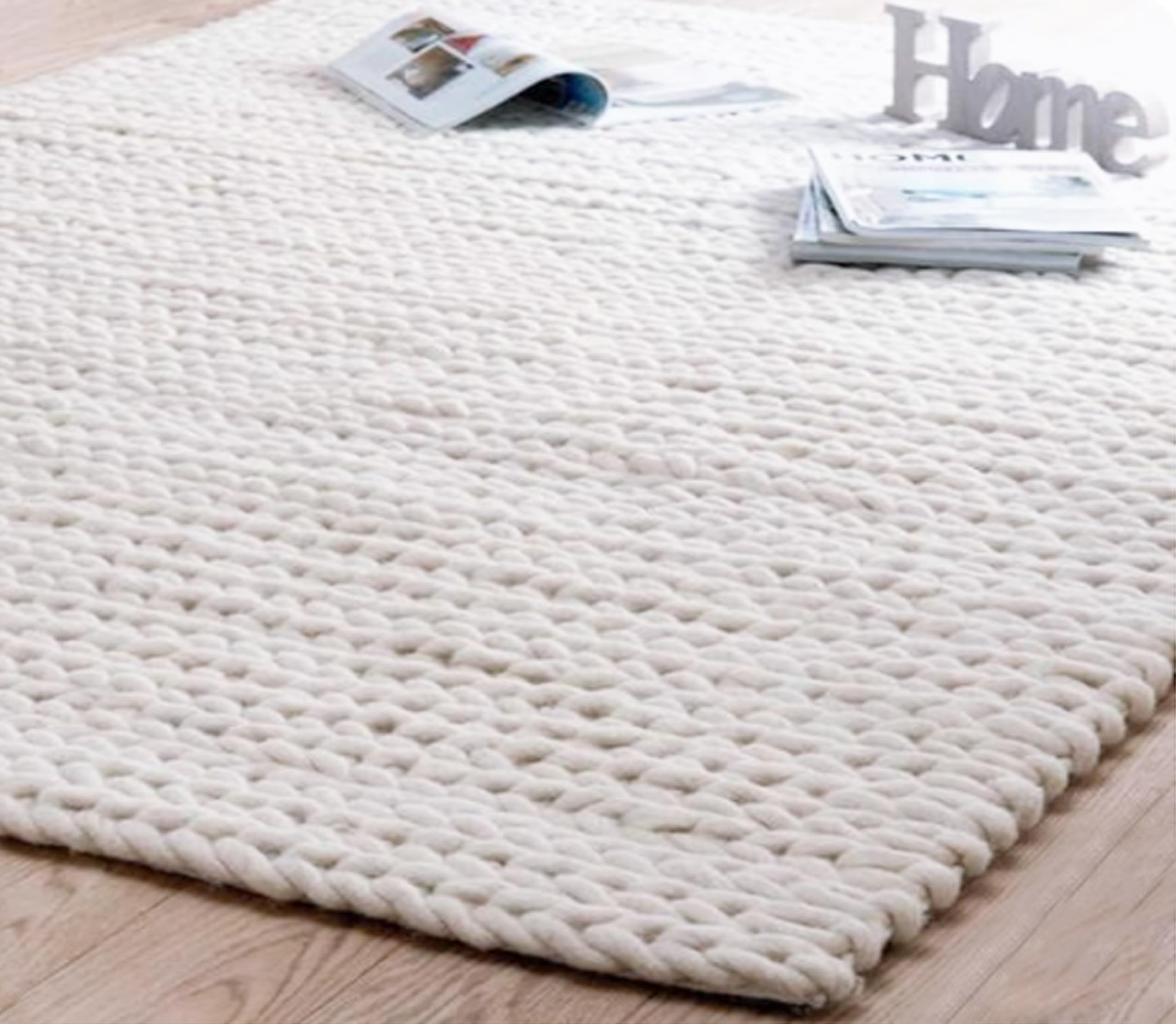 FRELISH DECOR Wool Cotton Premium Hand Woven Braided Chunky Cable Rug - Contemporary Area Rug for Living Room Bedroom (8' x 10' - Ivory)