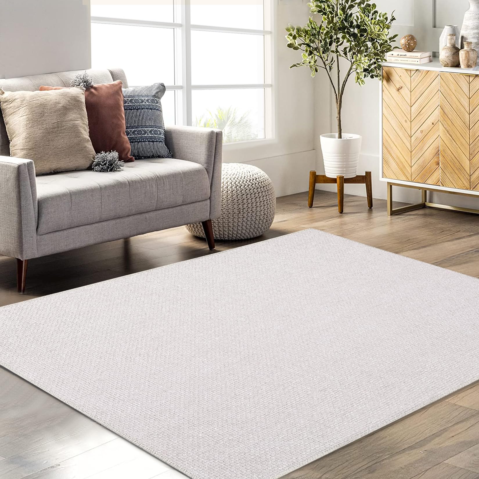 GAOMON Machine Washable Area Rug 5x7 Modern Solid Weaving Textured Area Rug for Living Room Bedroom Farmhouse Non-Slip Stain Resistant Accent Rug Carpet for Home Decor Floor Decoration, Cream