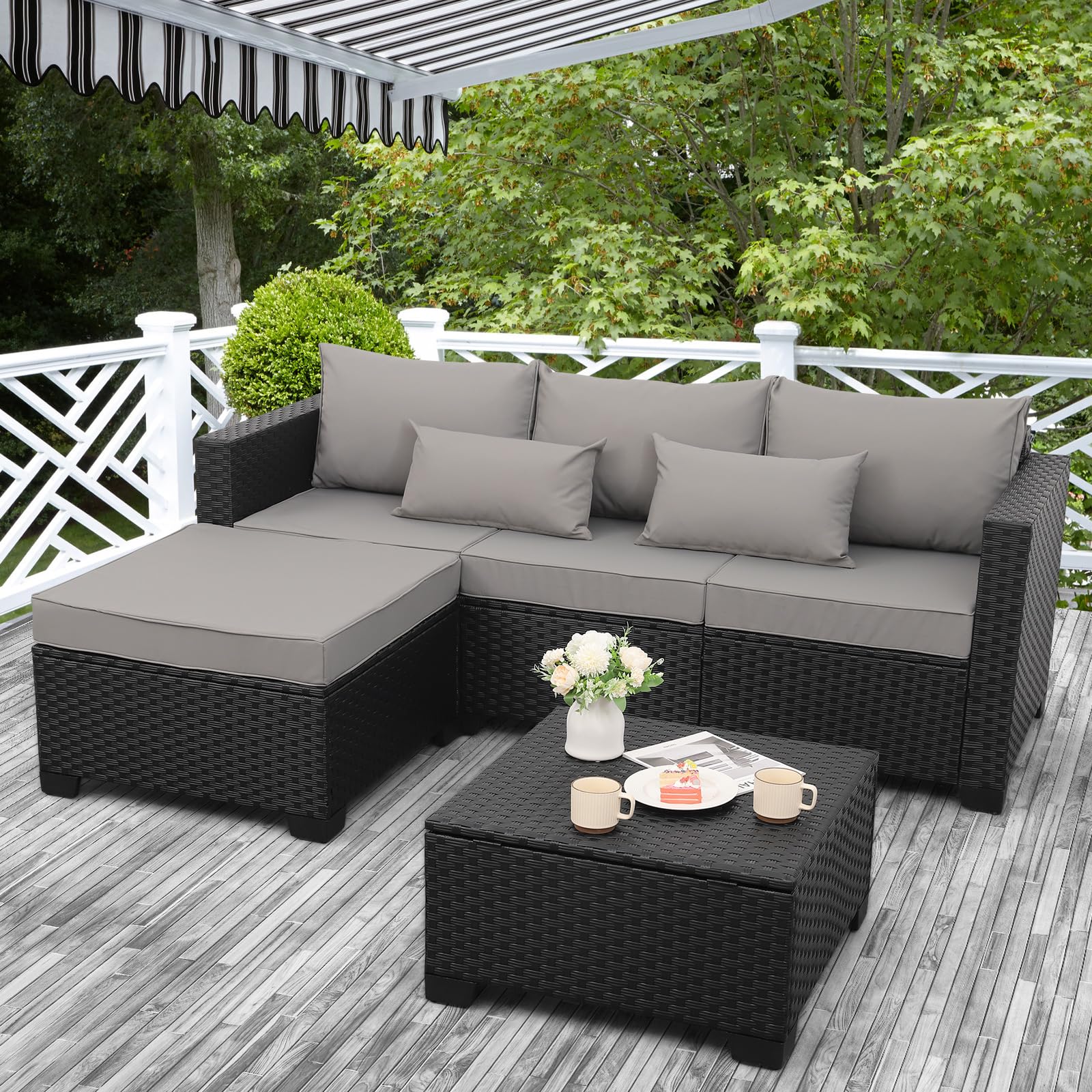 Rattaner 3 Pieces Patio Furniture Set Outdoor Sectional Wicker Patio Furniture Patio Couch with Ottoman and Outdoor Storage Table All-Weather Anti-Slip Cushions Waterproof Covers, Light Grey