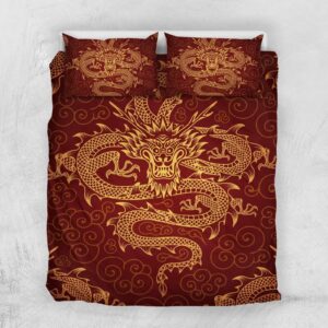 Gearider Dragon Bedding Chinese Style Duvet Cover Set Queen Size 3pc Luxury Bedding Soft Red Quilt Duvet Cover with Zipper Closure