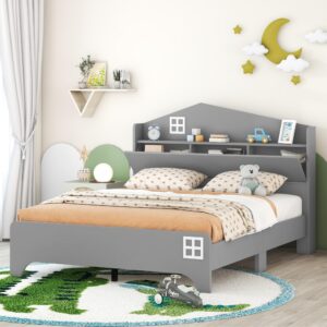 vilrocaz funny design full size kids bed platform bed with storage headboard, wooden platform bed frame with shelves for kids teens boys girls bedroom, sturdy slat support (grey-wf1)