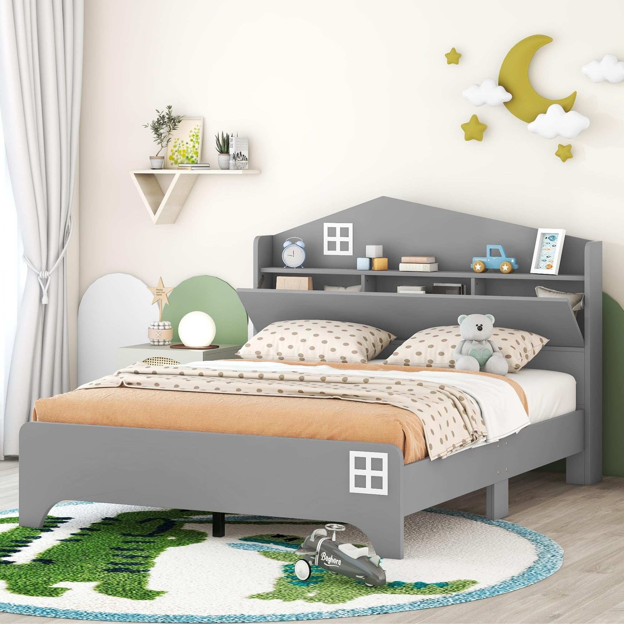 VilroCaz Funny Design Full Size Kids Bed Platform Bed with Storage Headboard, Wooden Platform Bed Frame with Shelves for Kids Teens Boys Girls Bedroom, Sturdy Slat Support (Grey-WF1)