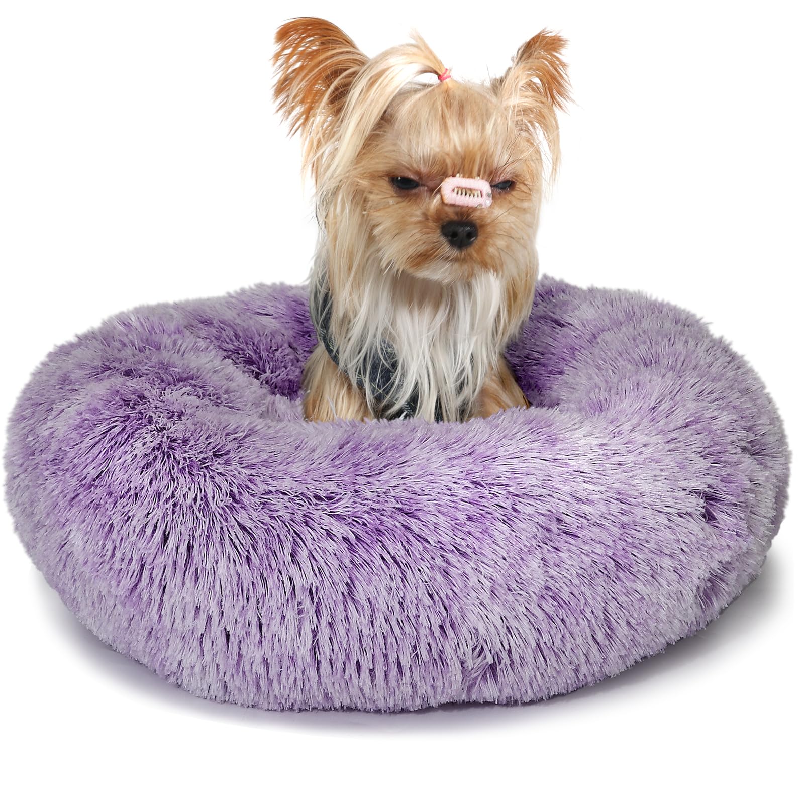 wrkfree Purple and White Cat Bed for Indoor Cats Washable 15 inches Donut Soft Small Pet Bed,Calming Anti Anxiety Round Fits up to 5 lbs Warm Comfort Kitten Bed Indoor