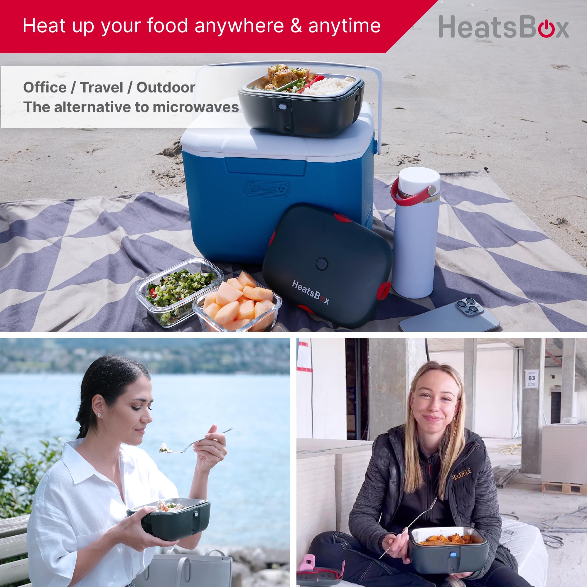 HeatsBox Electric Lunch Box 100W Portable Food Warmer | App Control | Car, Truck, Office, Outdoor Work | 31oz Stainless Steel Battery Powered Self Heating Lunchbox | 12V 24V 110V | Ideal Gift