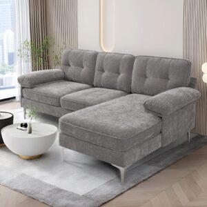 tekamon 82.7" sectional sofa couch with chaise, 3 seats l shape reversible sofa, comfy modern chenille fabric convertible couch for living room, apartment, small spaces with removable covers, grey