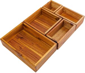 demigo acacia drawer organizer set of 5, cabinet container box, wood bin set in varied sizes, dividers holder for storage cooking utensils spices tea bags foods office items (brown)