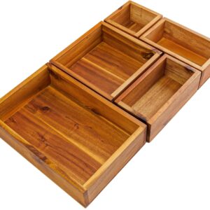 Demigo Acacia Drawer Organizer Set of 5, Cabinet Container Box, Wood Bin Set in Varied Sizes, Dividers Holder for Storage Cooking Utensils Spices Tea Bags Foods Office Items (Brown)