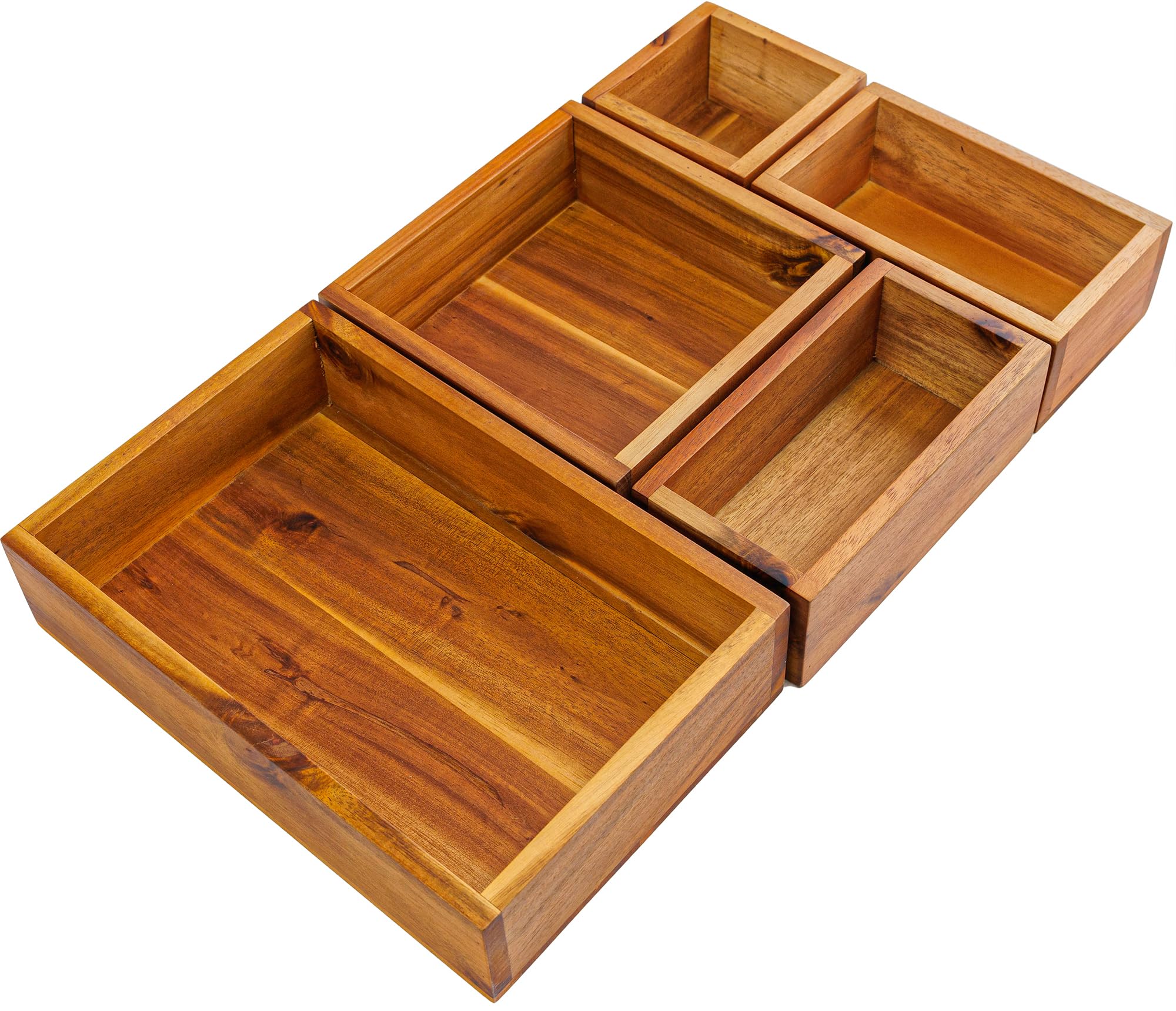 Demigo Acacia Drawer Organizer Set of 5, Cabinet Container Box, Wood Bin Set in Varied Sizes, Dividers Holder for Storage Cooking Utensils Spices Tea Bags Foods Office Items (Brown)