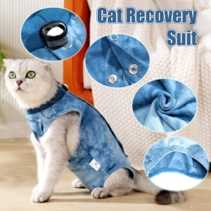 Cat Recovery Suit for Male and Female Surgical Post Surgery Soft Cone Onesie Tie Dye Cats Shirt Clothes Neuter Licking Protective Diapers Outfit Cover Kitten Spay Collar Alternative(Navy Blue, L)