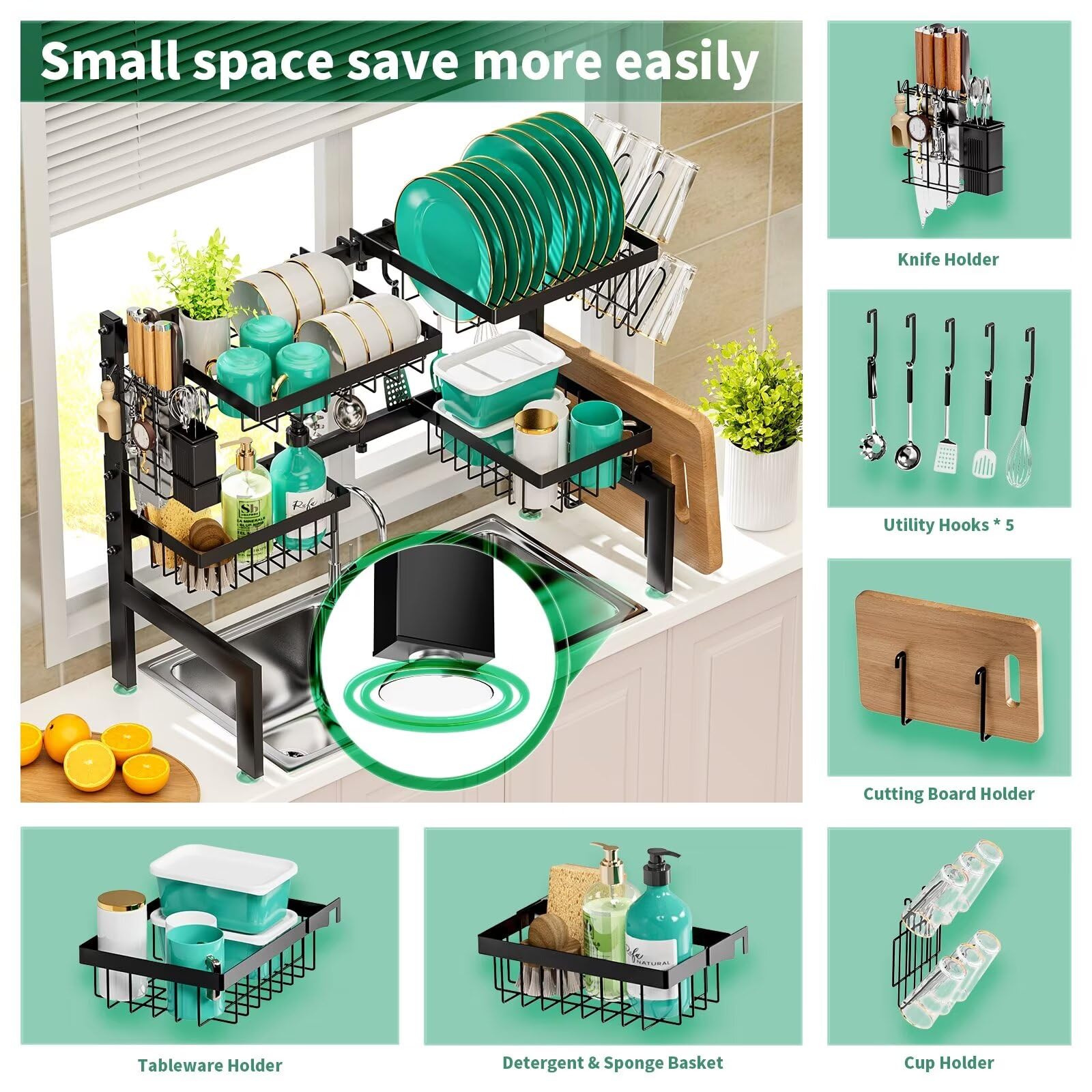 MOUKABAL Stainless Steel Over The Sink Dish Drying Rack -Adjustable Over Sink Dish Rack- Length(25.9"-33.4")-Space-Saving -Multifunctional Over The Sink Dish Drainer Drying Rack for Kitchen Counter