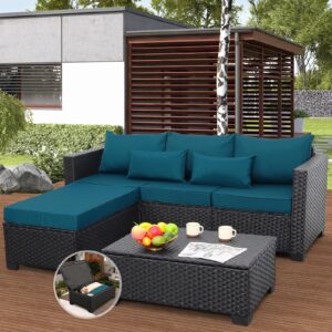 rattaner 3 pieces patio furniture set outdoor sectional wicker patio furniture patio couch with ottoman and outdoor storage table all-weather anti-slip cushions waterproof covers, peacock blue