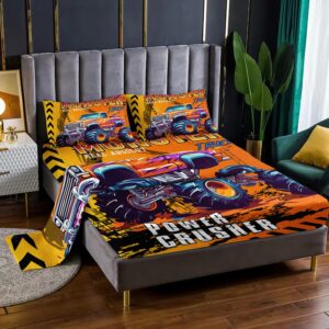 Monster Car 4 Pieces Bed Sheets Soft Washed Microfiber Orange Off Road Bedding Set Fitted Sheet Deep Pockets Top Flat Sheet Room Decor Orange Queen with 2 Pillowcases for Kids Boys and Girls