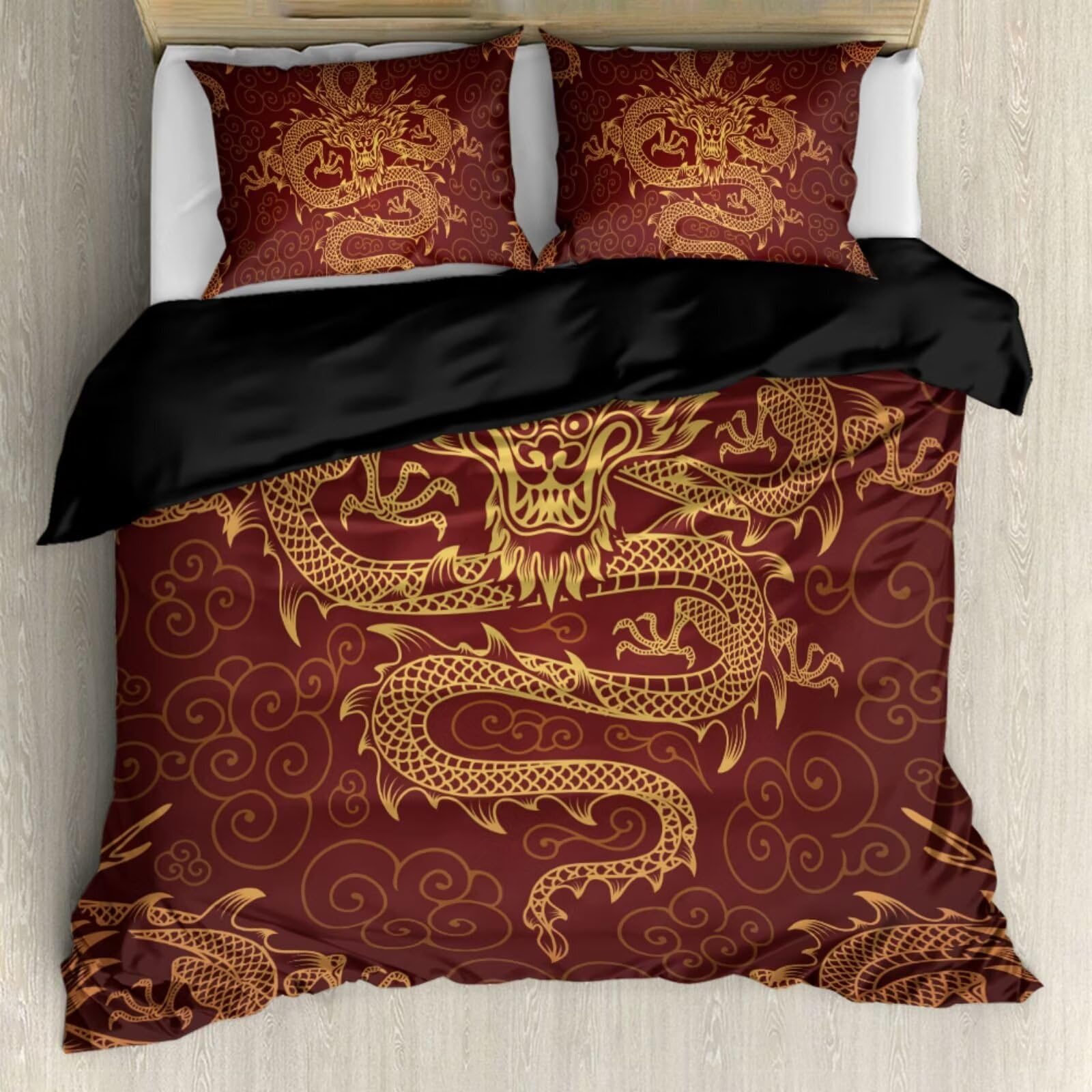 Gearider Dragon Bedding Chinese Style Duvet Cover Set Queen Size 3pc Luxury Bedding Soft Red Quilt Duvet Cover with Zipper Closure