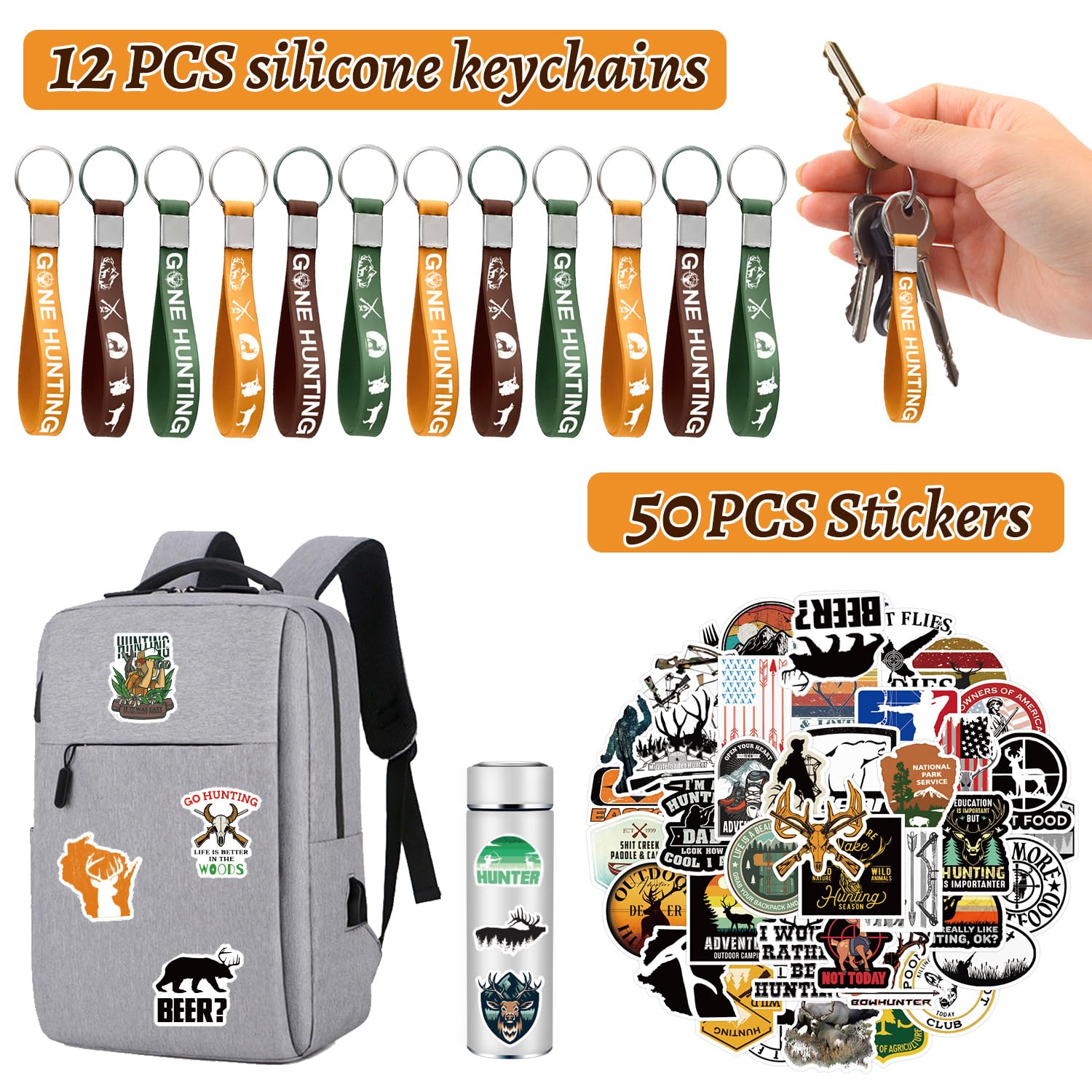 110PCS Hunting Birthday Party Decorations Favors Includes 50 Hunting Stickers,12 Keychain, 12 badge, 12 Wristband, 12Bags, 12 sheet tattoos for for Boys Girls Gifts Deer Baby Shower Birthday Party