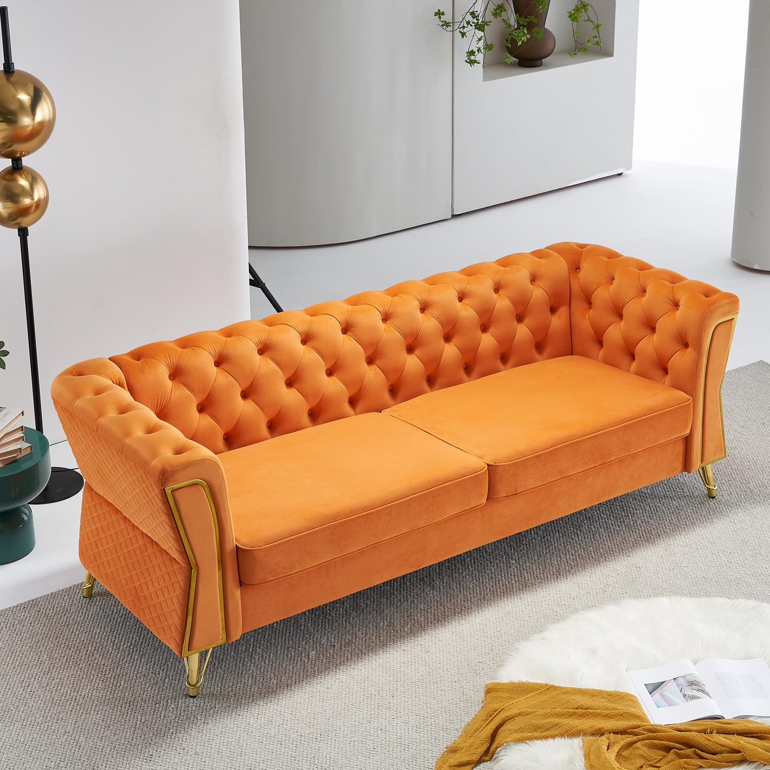 Vensico Modern Velvet Sofa Couch for Living Room, 87.4 Inch Long Tufted Sofa Unique Upholstered Couch Oversized Sofa Decor Furniture with Golden Metal Legs (Orange)