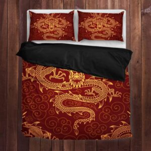 Gearider Dragon Bedding Chinese Style Duvet Cover Set Queen Size 3pc Luxury Bedding Soft Red Quilt Duvet Cover with Zipper Closure