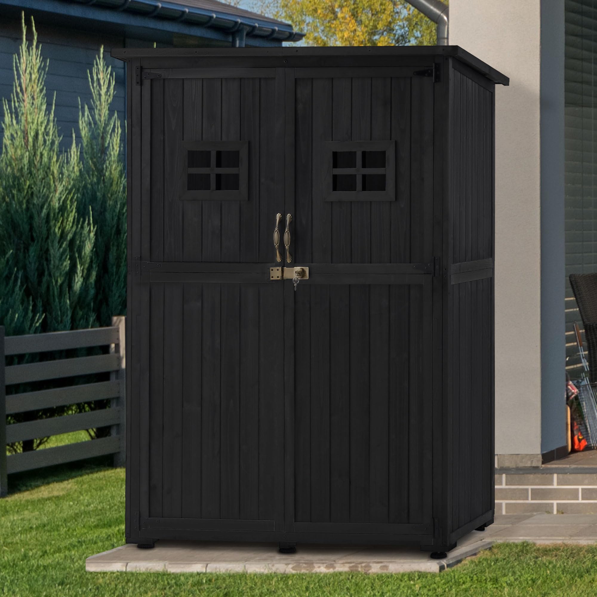 MCombo Large Wooden Outdoor Storage Shed with 2 Shelves, Oversize Garden Tool Shed with Lock, Outdoor Storage Cabinet with Floor for Patio and Yard (46.9" x 22.4" x 66") 1911 (Black)