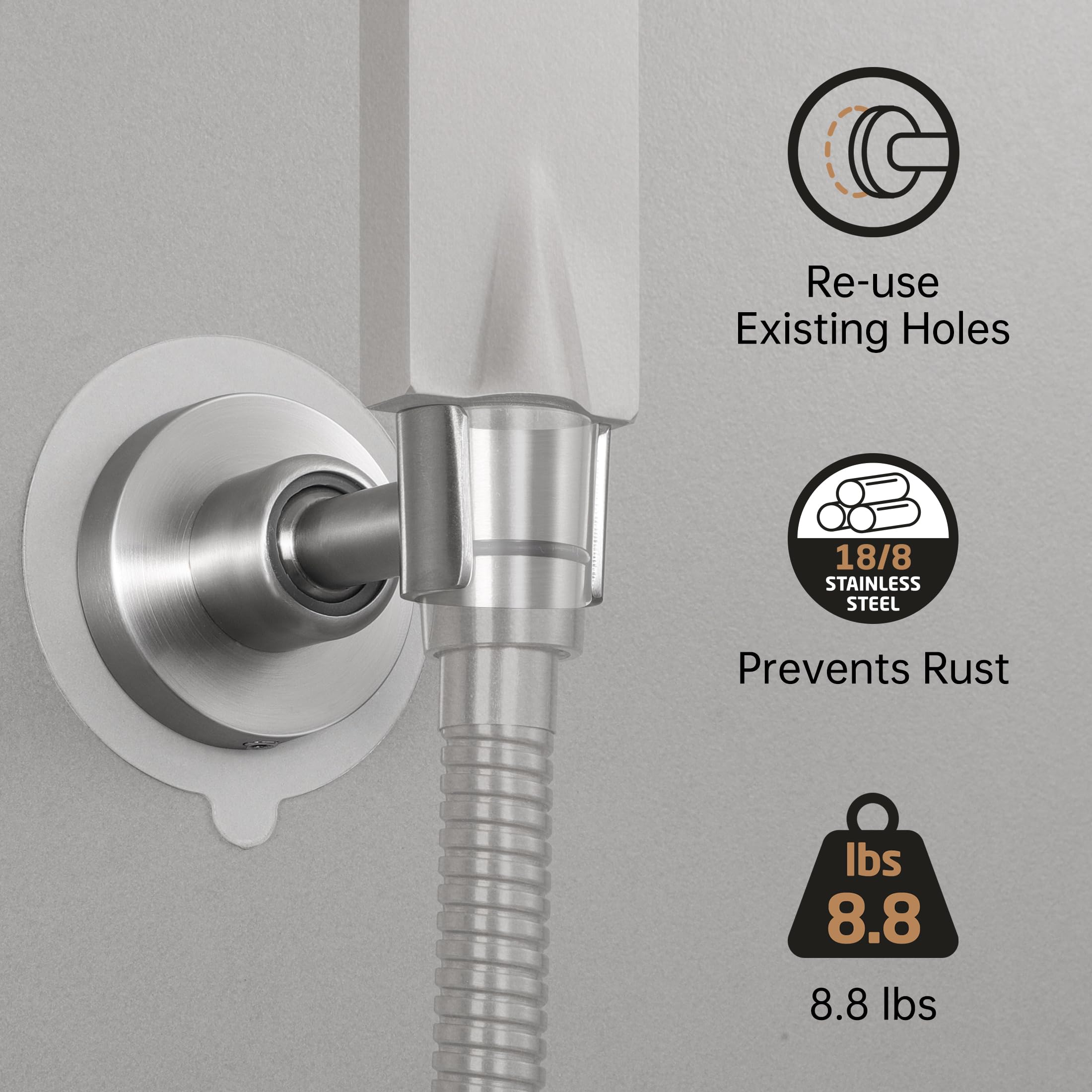 KES Shower Head Holder Wall Mount, 18/8 Stainless Steel Adjustable Handheld Shower Head Holder (21mm-23mm) No Drill Adhesive Metal Shower Head Holder Brushed Finish, C207DF-BS