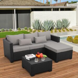 Rattaner 3 Pieces Patio Furniture Set Outdoor Sectional Wicker Patio Furniture Patio Couch with Ottoman and Outdoor Storage Table All-Weather Anti-Slip Cushions Waterproof Covers, Light Grey