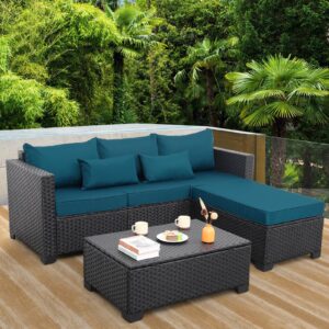 Rattaner 3 Pieces Patio Furniture Set Outdoor Sectional Wicker Patio Furniture Patio Couch with Ottoman and Outdoor Storage Table All-Weather Anti-Slip Cushions Waterproof Covers, Peacock Blue