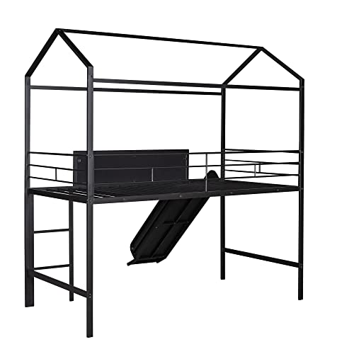 BOVZA Twin Size House Loft Bed with Slide and Ladder, Metal Loft Bed Frame with 2 Sided Writable Wooden Board and Roof for Kids Boys Girls Bedroom, Black