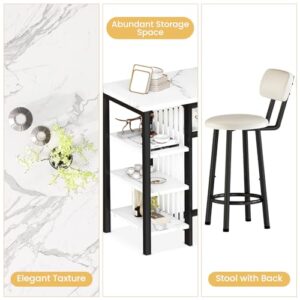 AWQM 3-Piece Bar Table and Chairs Set, Modern White Faux Marble Table with 2 PU Cushion Bar Stools, Kitchen Counter with 3 Tier Storage Shelves, Space Saving Table for Home & Kitchen, Black Frame