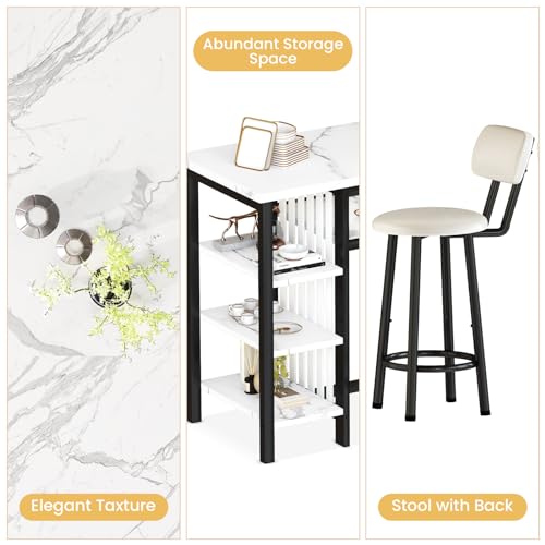 AWQM 3-Piece Bar Table and Chairs Set, Modern White Faux Marble Table with 2 PU Cushion Bar Stools, Kitchen Counter with 3 Tier Storage Shelves, Space Saving Table for Home & Kitchen, Black Frame