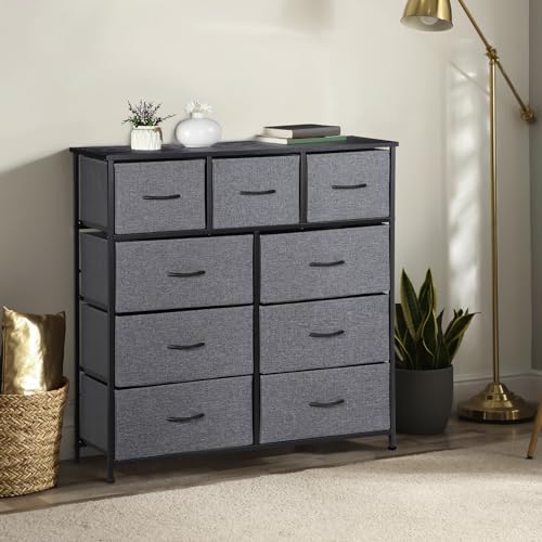 SUPER DEAL Dresser for Bedroom 9 Drawer Fabric Storage Tower Tall Chest Organizer Unit for Living Room Nursery Entryway Closets, Heavy Duty Steel Frame, Wood Top Black Grey