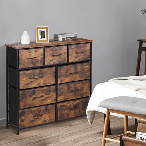 SUPER DEAL Dresser for Bedroom Fabric Dresser Storage Tower Tall Chest Organizer Unit with 9 Drawers for Living Room Nursery Entryway Closets, Steel Frame, Wood Top Rustic Brown