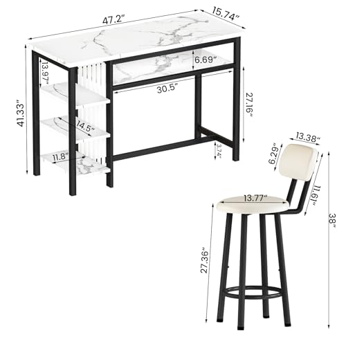 AWQM 3-Piece Bar Table and Chairs Set, Modern White Faux Marble Table with 2 PU Cushion Bar Stools, Kitchen Counter with 3 Tier Storage Shelves, Space Saving Table for Home & Kitchen, Black Frame