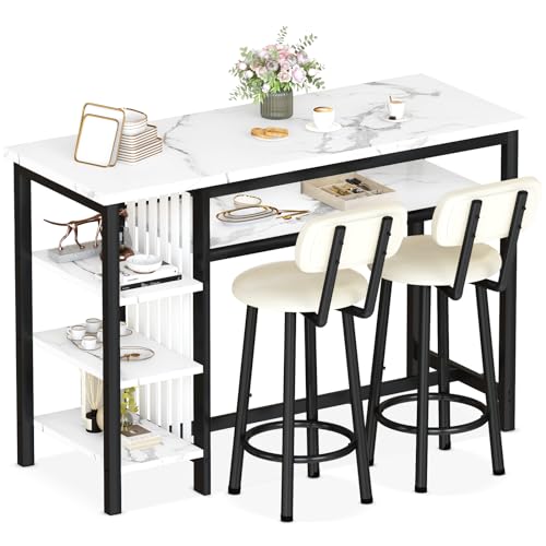 AWQM 3-Piece Bar Table and Chairs Set, Modern White Faux Marble Table with 2 PU Cushion Bar Stools, Kitchen Counter with 3 Tier Storage Shelves, Space Saving Table for Home & Kitchen, Black Frame