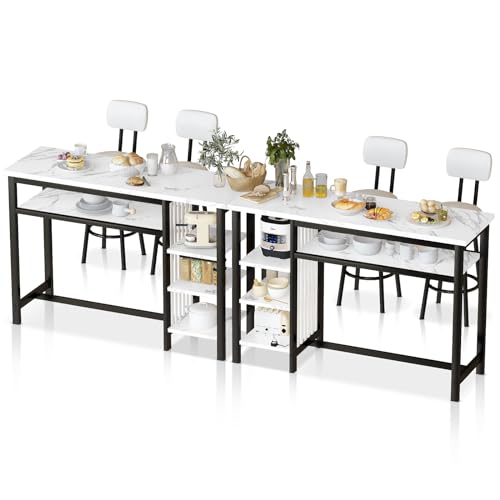 AWQM 3-Piece Bar Table and Chairs Set, Modern White Faux Marble Table with 2 PU Cushion Bar Stools, Kitchen Counter with 3 Tier Storage Shelves, Space Saving Table for Home & Kitchen, Black Frame