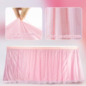 Pink Tulle Table Skirt - MAQIHAN 6ft Tulle Dining Table Skirt Buffet Tutu Table Cloth Princess Tablecloth Dessert Table Cover Wedding Tablecloth Party Decorations for Birthday Party Teacher Desk Skirt