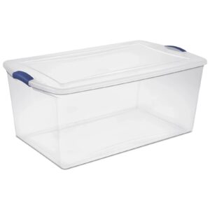 njsb 105 qt ultra latch box, stackable storage bin with latching lid, organize clothes, sport gear in basement, clear with clear lid, 1 count