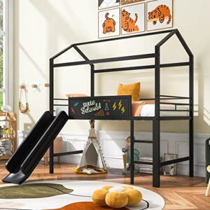 bovza twin size house loft bed with slide and ladder, metal loft bed frame with 2 sided writable wooden board and roof for kids boys girls bedroom, black