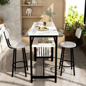 AWQM 3-Piece Bar Table and Chairs Set, Modern White Faux Marble Table with 2 PU Cushion Bar Stools, Kitchen Counter with 3 Tier Storage Shelves, Space Saving Table for Home & Kitchen, Black Frame